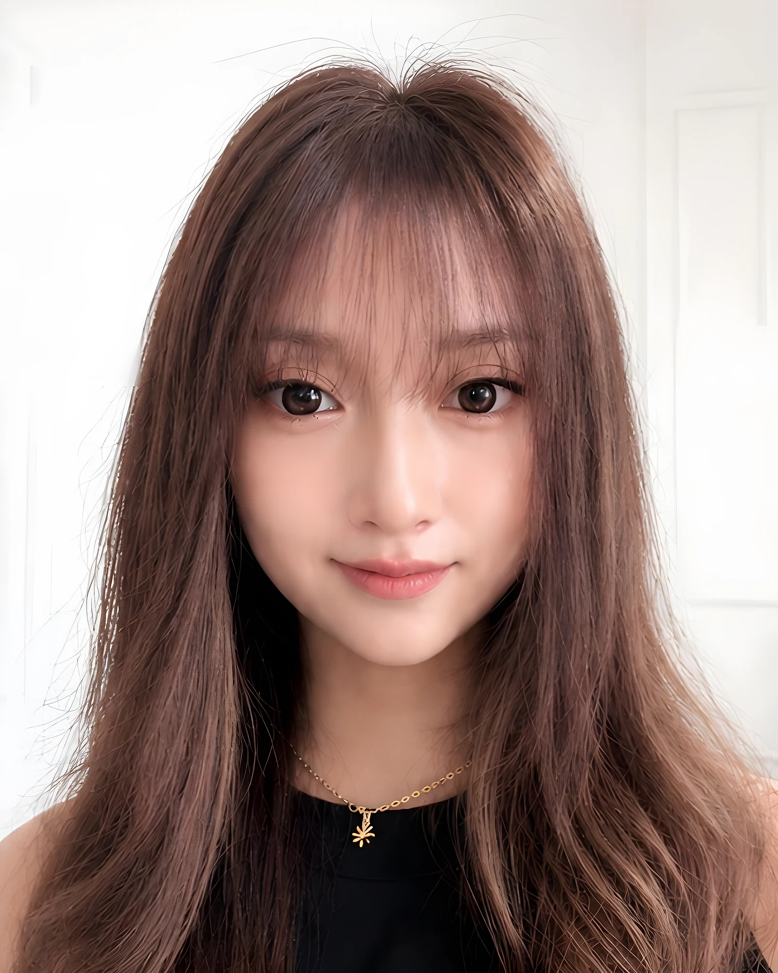 Model memakai hair topper BYLIAN cokelat dengan poni, rambut panjang terlihat penuh dan natural