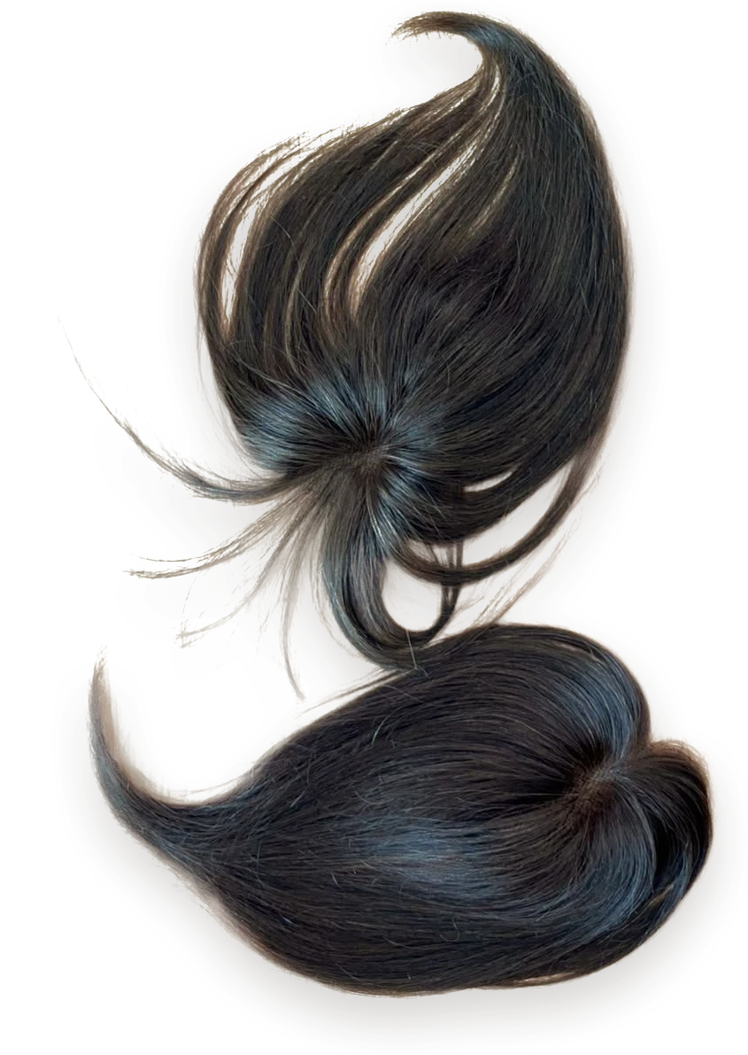 Dua hair topper BYLIAN berwarna gelap dengan rambut lurus panjang